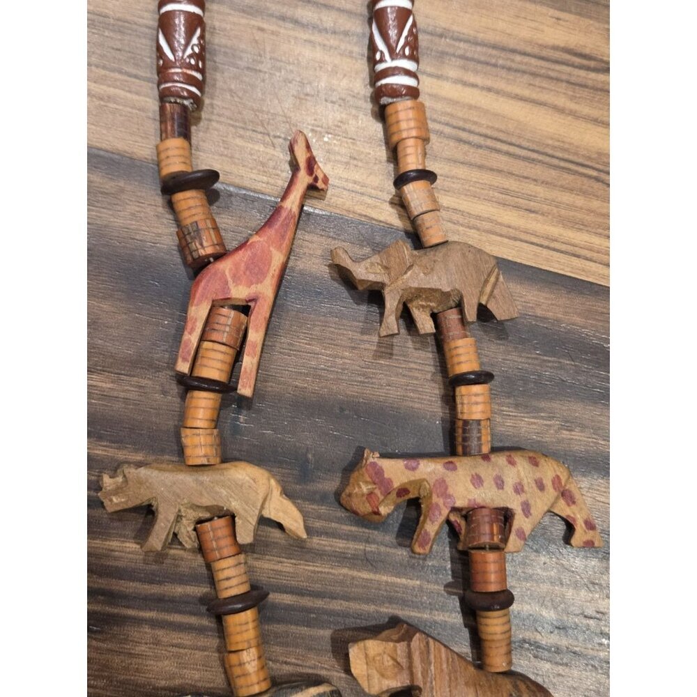 Safari Animal Necklace Carved Wood Beads Giraffe Zebra Lion Elephant Boho Tribal - Picture 4 of 9